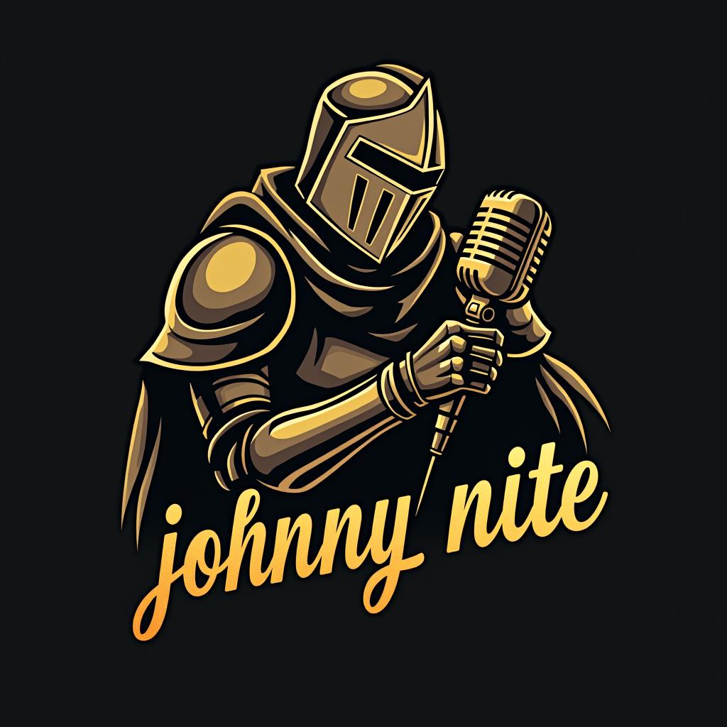  design a logo, in a origami style. knight with a mic graffiti gold and black, with the text 'johnny nite'.