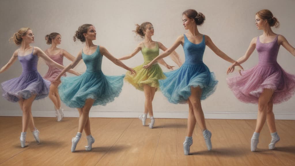 A group of dancers in a studio meticulously practicing intricate steps, full of energy and determination, vibrant oil pastel drawing.