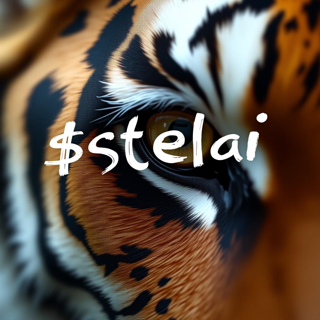  extreme close up of a single tiger eye, direct frontal view. detailed iris and pupil. sharp focus on eye texture and color. natural lighting to capture authentic eye shine and depth. the word "$stelai" is painted over it in big, white brush strokes with visible texture. hyperrealistic, full body, detailed clothing, highly detailed, cinematic lighting, stunningly beautiful, intricate, sharp focus, f/1. 8, 85mm, (centered image composition), (professionally color graded), ((bright soft diffused light)), volumetric fog, trending on instagram, trending on tumblr, HDR 4K, 8K