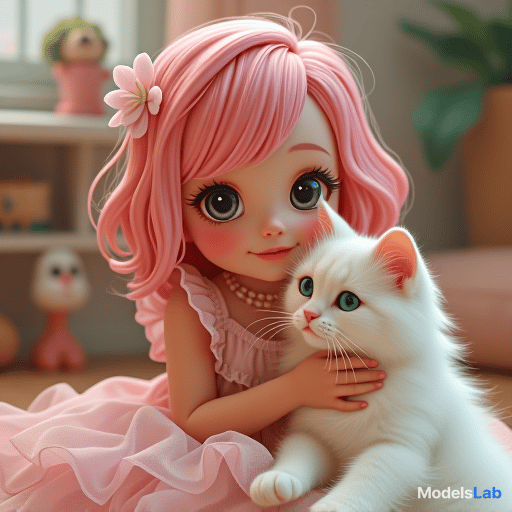  a young with big eyes and bright pink hair, wearing a frilly dress, playing with a fluffy white cat. manga style, vint colors, soft lines, whimsical background. model 9 hyperrealistic, full body, detailed clothing, highly detailed, cinematic lighting, stunningly beautiful, intricate, sharp focus, f/1. 8, 85mm, (centered image composition), (professionally color graded), ((bright soft diffused light)), volumetric fog, trending on instagram, trending on tumblr, HDR 4K, 8K