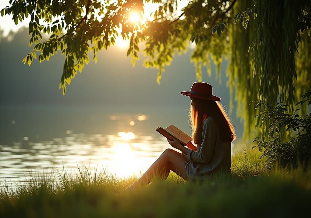  the girl sat by the lake and read quietly. the sun shone on her through the leaves, and the scenery was peaceful and beautiful