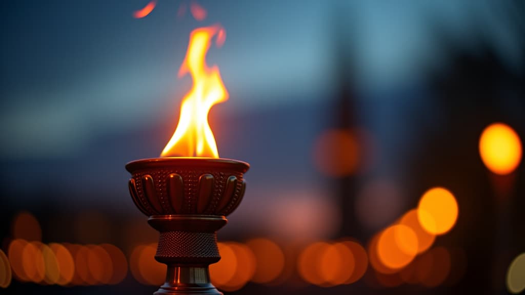  a vibrant flame illuminates a decorative torch, set against a blurred backdrop of evening lights, symbolizing celebration and unity