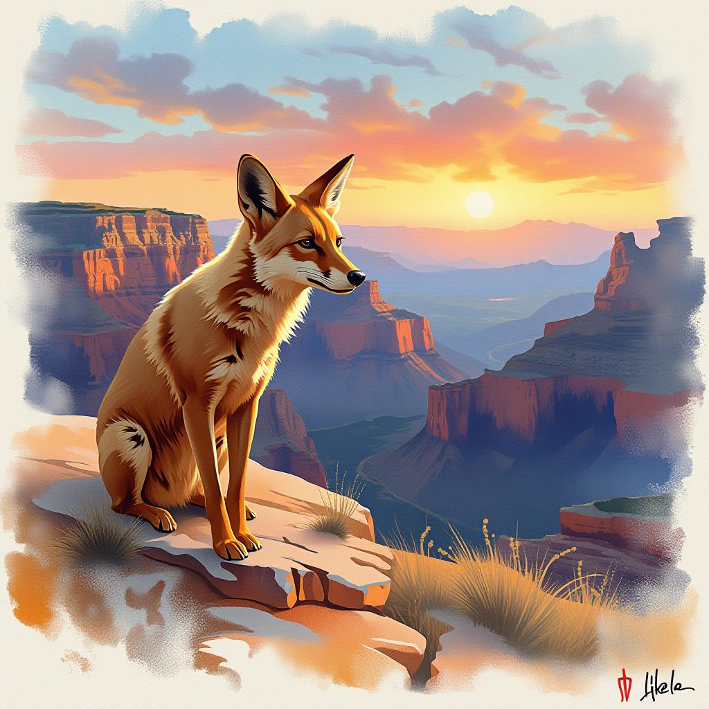  watercolor painting painting. painting watercolor. (indian summer. on the background of the grand canyon is a coyote:1.5). intense close up. (large red “like me” caption at bottom of image:1.5). watercolor style by artist sergei andriyaki. high resolution, high detail, high definition. leaks, stains. . vibrant, beautiful, painterly, detailed, textural, artistic