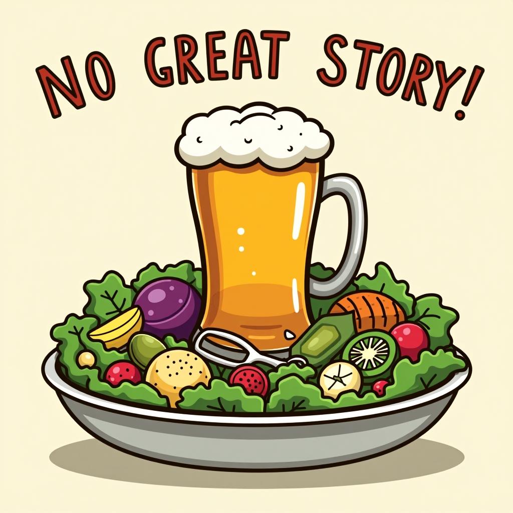  a cartoon salad crossed out, with a large beer mug in the center and the phrase 'no great story started with salad.'