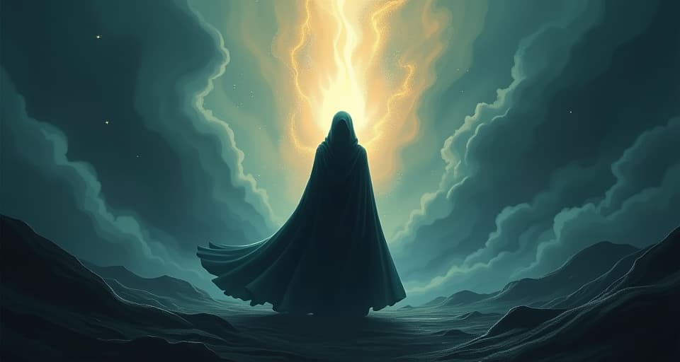  an ethereal figure, cloaked in darkness, standing amidst a stormy landscape, their lightforce resolute against the forces attempting to extinguish it.. the style is digital art illustration,highly detailed, whimsical,magical, dreamlike atmosphere, realism and fantasy blend, smooth, glossy textures,luminous quality, wonder and enchantment.