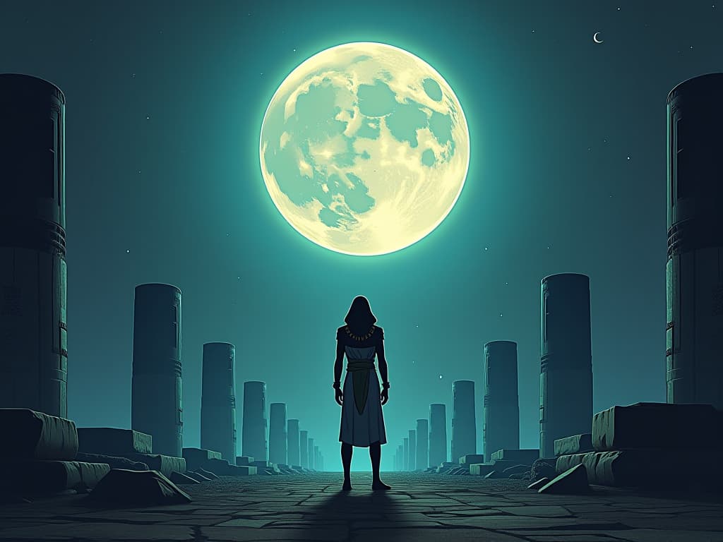  a person standing in the light of a full moon, the surrounding ancient ruins reflecting the glow, mood of cosmic demand for authenticity. the style is digital art illustration / modern comic book / mysterious occult, symbolic, esoteric vibe,high detail on character design, incorporating ancient egyptian symbology and attire.