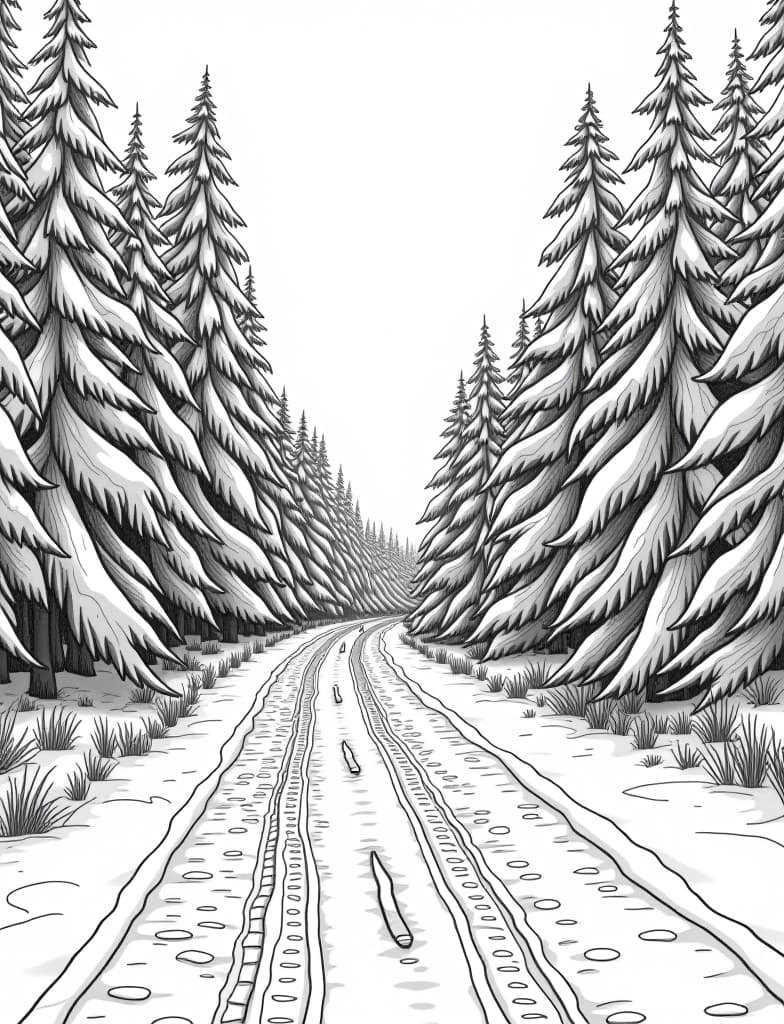  this is for an adult coloring page. a detailed black and white line art of a snowy snow covered road winding through a snowy forest on a solid white background.