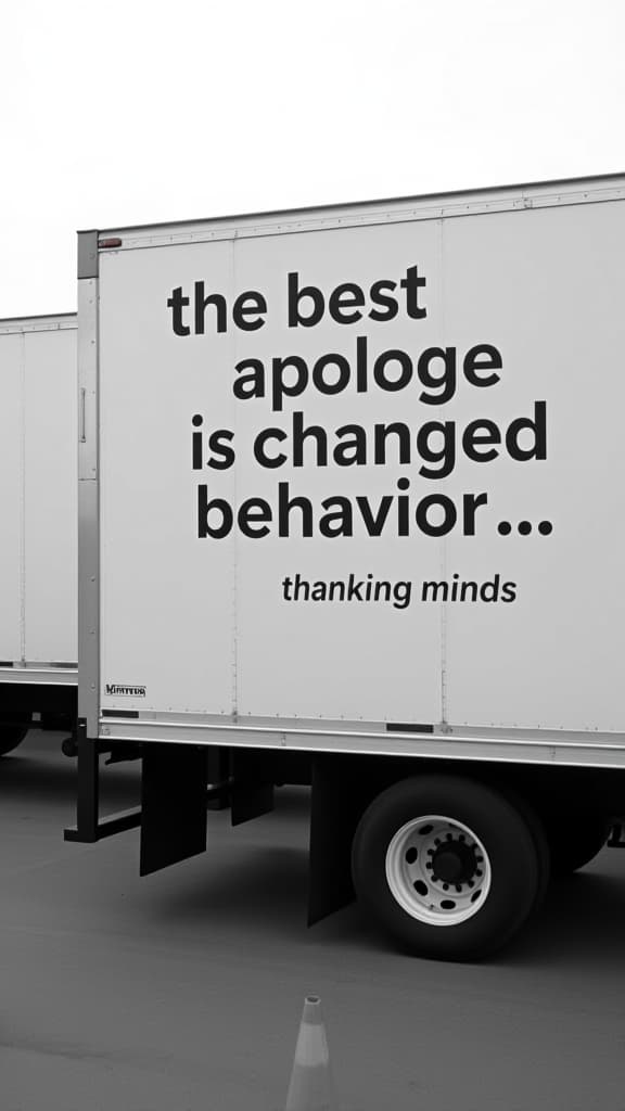  the image shows the side of a large truck, likely a moving truck or a delivery vehicle, with a message written on it in bold, uppercase black letters. the text reads: "the best apology is changed behavior." below this main text, in smaller, uppercase letters, there is a phrase that reads: "thinking minds." the photo is in black and white, and the truck is parked in an outdoor setting. there is another truck visible in the background, partially obscured by the first one. in the foreground, there is a traffic cone on the ground. the overall atmosphere is calm and neutral, with a focus on the message displayed on the truck.