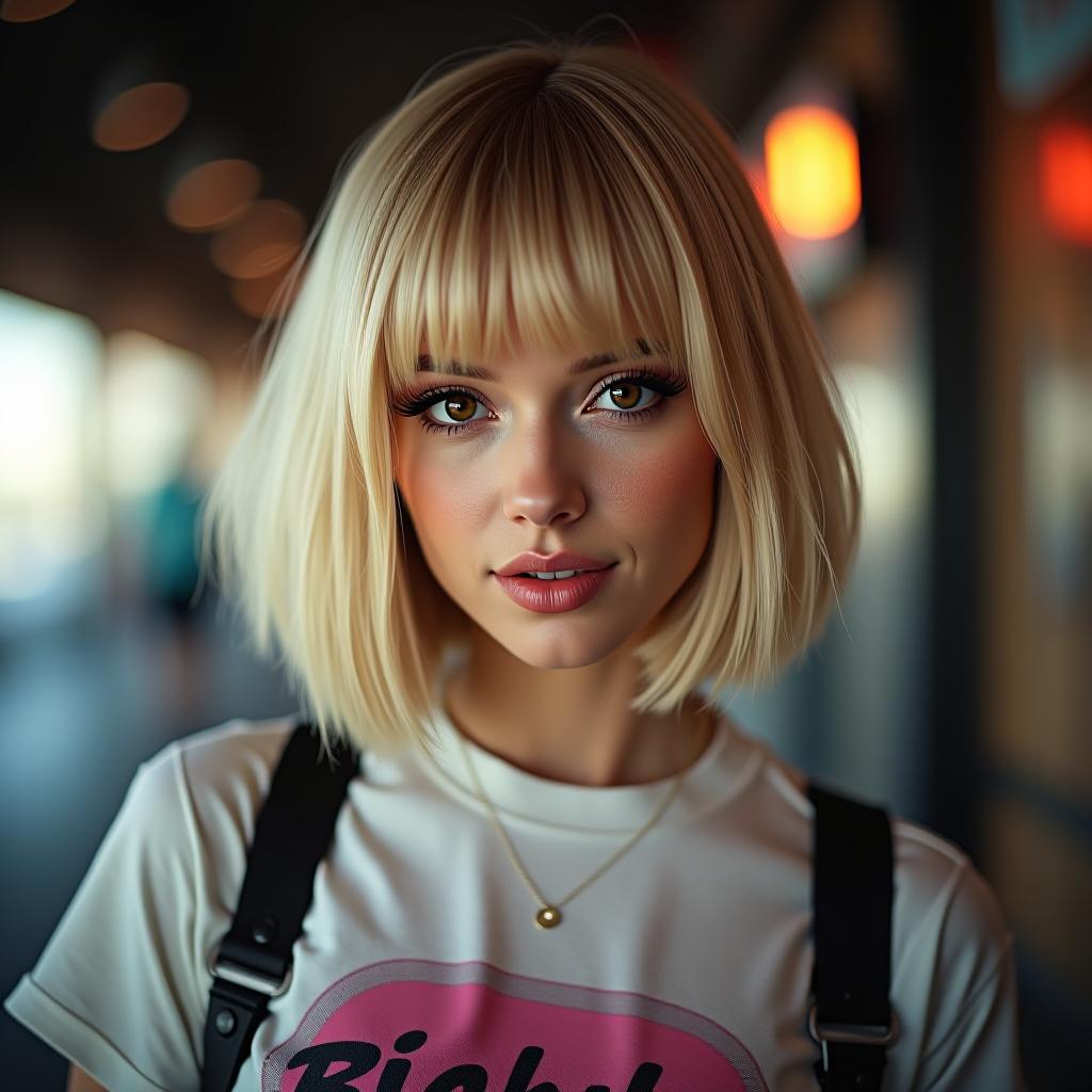  make an image a blonde bob woman with dark brown eyes and dressed streetwear