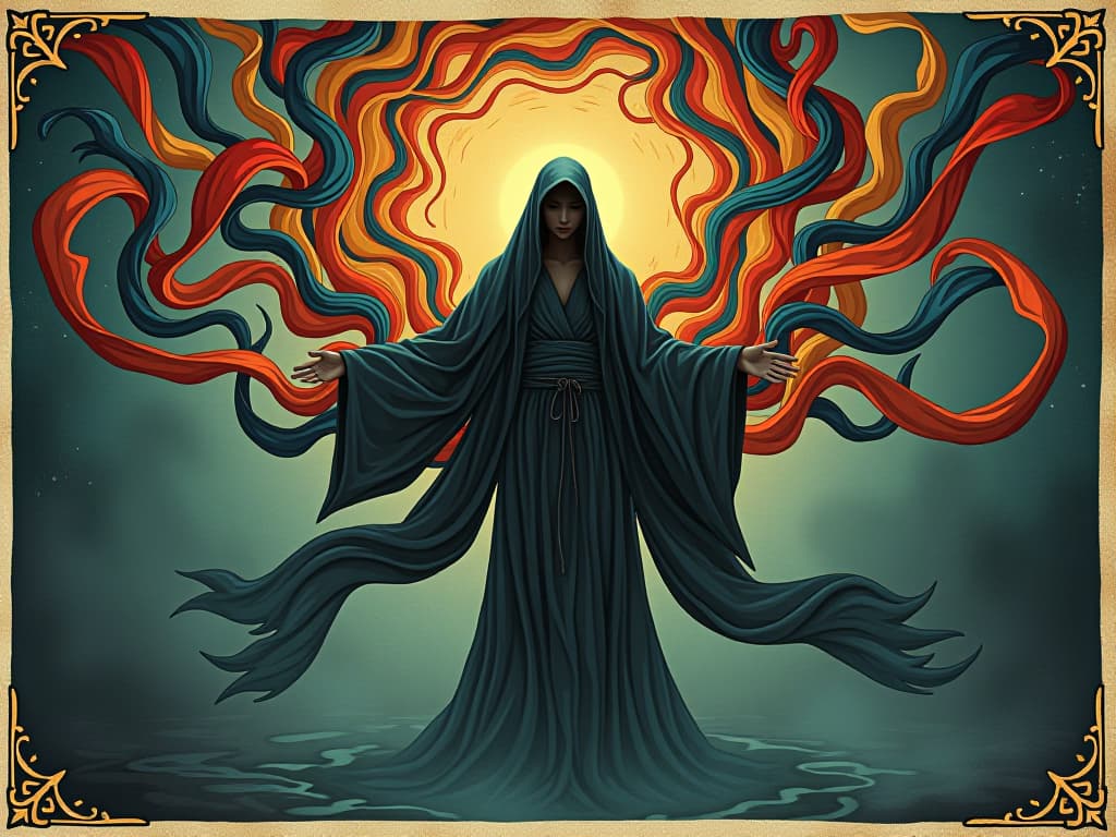  a figure submerged in a symphony of swirling colors, sounds visualized as flowing ribbons, figure is gender neutral wearing ancient robes, harmony, immersive, transcendent. an illustration in the style of a worn, mystical old tarot trump card, mysterious and elements of surrealism. the colors are muted, somber and eerie, but with contrast bring out an occult and esoteric vibe.