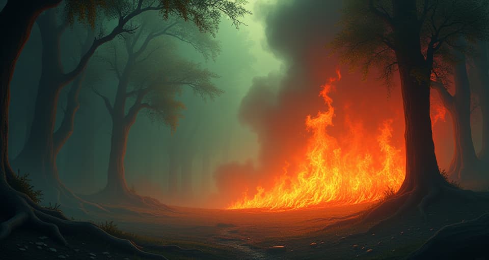  a wildfire, roaring flames, consuming a beautiful enchanted forest, color transitions from serene greens to fiery oranges.. the style is digital art illustration,highly detailed, whimsical,magical, dreamlike atmosphere, realism and fantasy blend, smooth, glossy textures,luminous quality, wonder and enchantment.