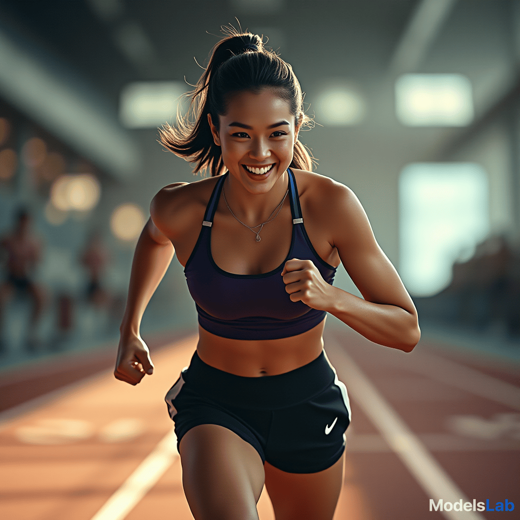  create an image of a fit, energetic woman, asian type, in action on a running track or in a gym. her face shows concentration and joy as she is in motion perhaps sprinting or lifting weights. in the background, a dynamic backdrop of sports equipment or other motivated athletes in the background, focusing on positive energy and fitness. hyperrealistic, full body, detailed clothing, highly detailed, cinematic lighting, stunningly beautiful, intricate, sharp focus, f/1. 8, 85mm, (centered image composition), (professionally color graded), ((bright soft diffused light)), volumetric fog, trending on instagram, trending on tumblr, HDR 4K, 8K