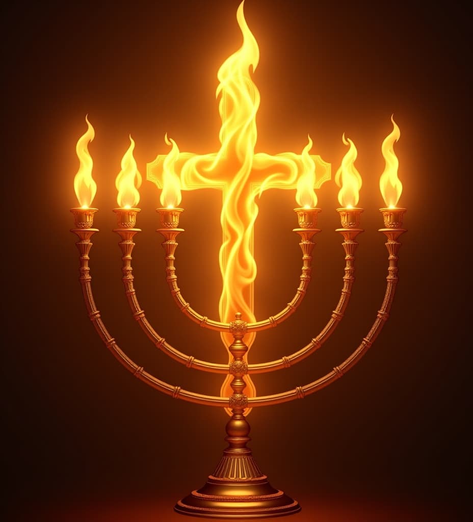  a large tall golden flaming cross as the center flame in a beautiful shuny golden seven branch menorah