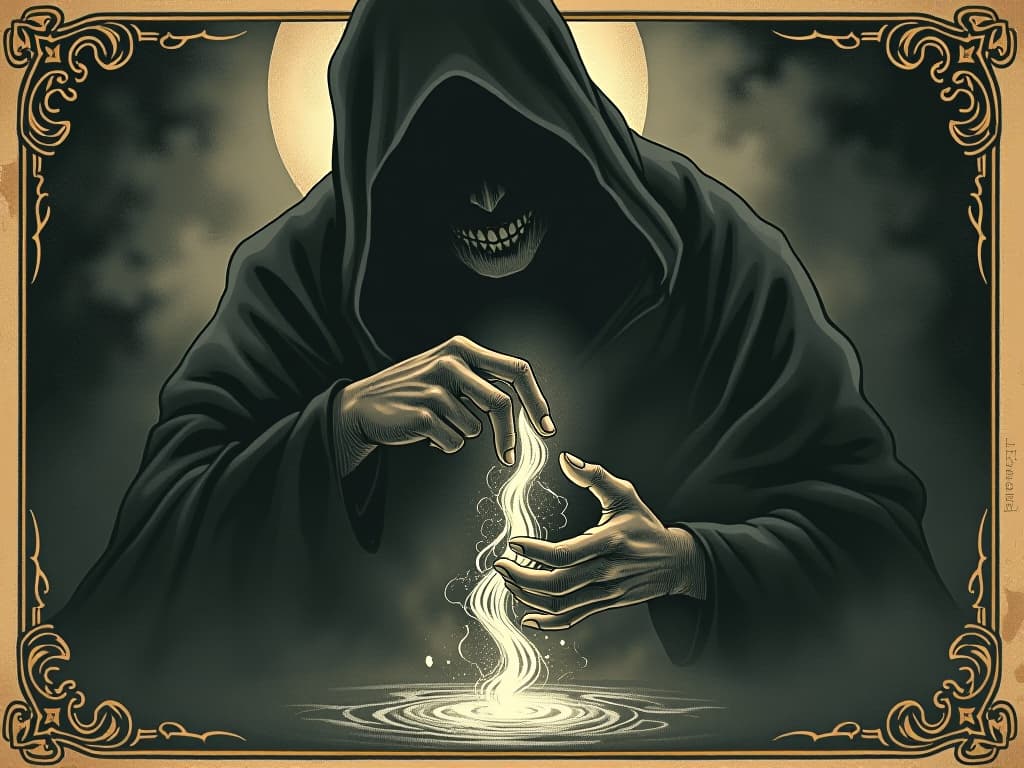  a shadowed figure twisting a strand of light, distorting its purity, murky and sinister ambiance, manipulation, corruption of truth. an illustration in the style of a worn, mystical old tarot trump card, mysterious and elements of surrealism. the colors are muted, somber and eerie, but with contrast bring out an occult and esoteric vibe.