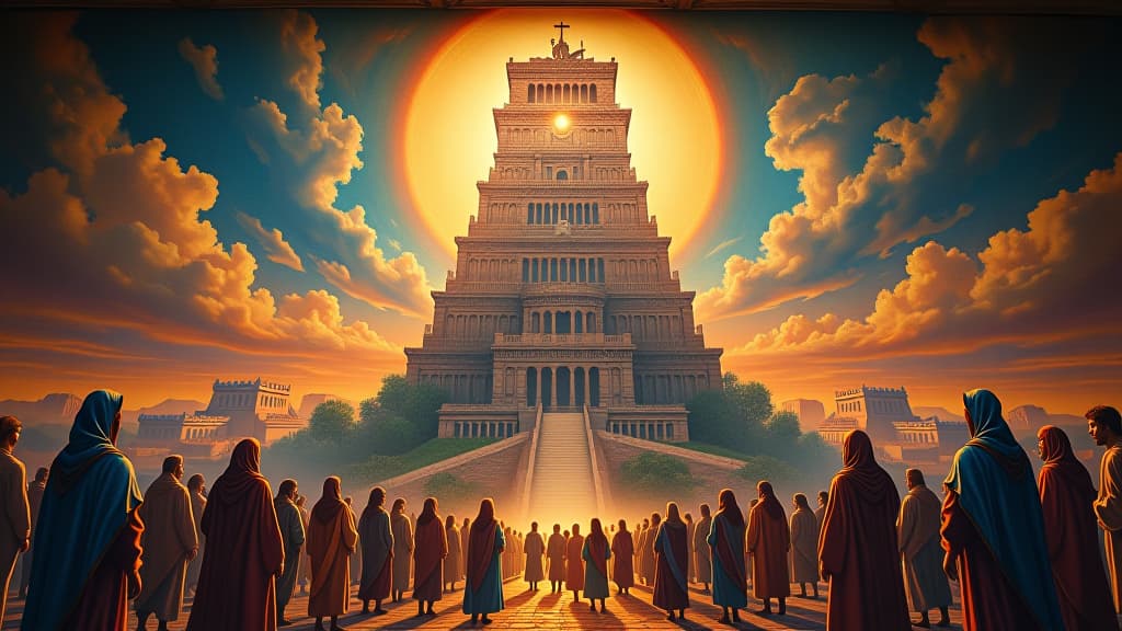  a vibrant mural depicting the stories and lessons learned from the tower of babel, showcasing humility and the need for obedience to god. hyperrealistic, full body, detailed clothing, highly detailed, cinematic lighting, stunningly beautiful, intricate, sharp focus, f/1. 8, 85mm, (centered image composition), (professionally color graded), ((bright soft diffused light)), volumetric fog, trending on instagram, trending on tumblr, HDR 4K, 8K