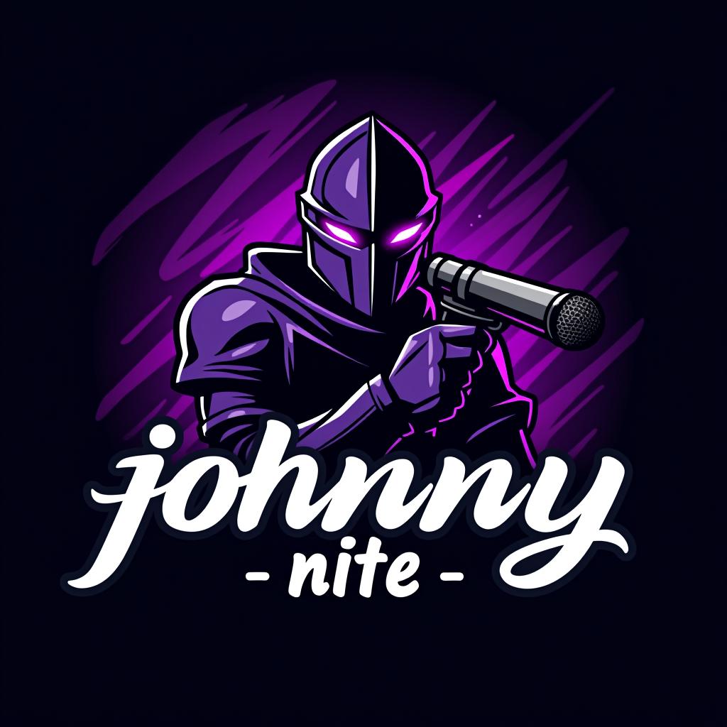  design a logo, knight with a gaming mic graffiti purple and black, with the text 'johnny nite'.