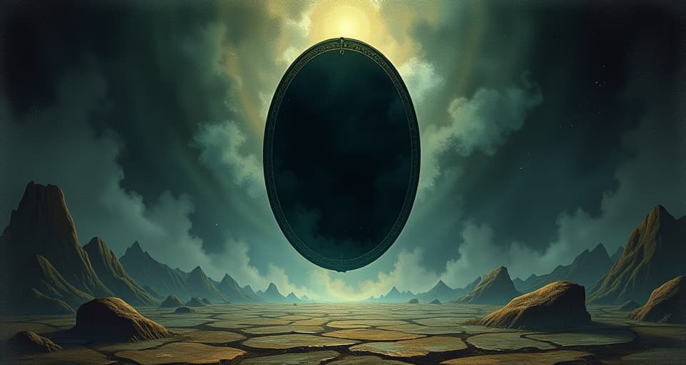  an obsidian mirror emanating power, surrounded by drifting shadows, symbol of energy dominion, protective glow. an illustration in the style of a worn, mystical old tarot trump card, mysterious and elements of surrealism. the colors are muted, somber and eerie, but with contrast bring out an occult and esoteric vibe.