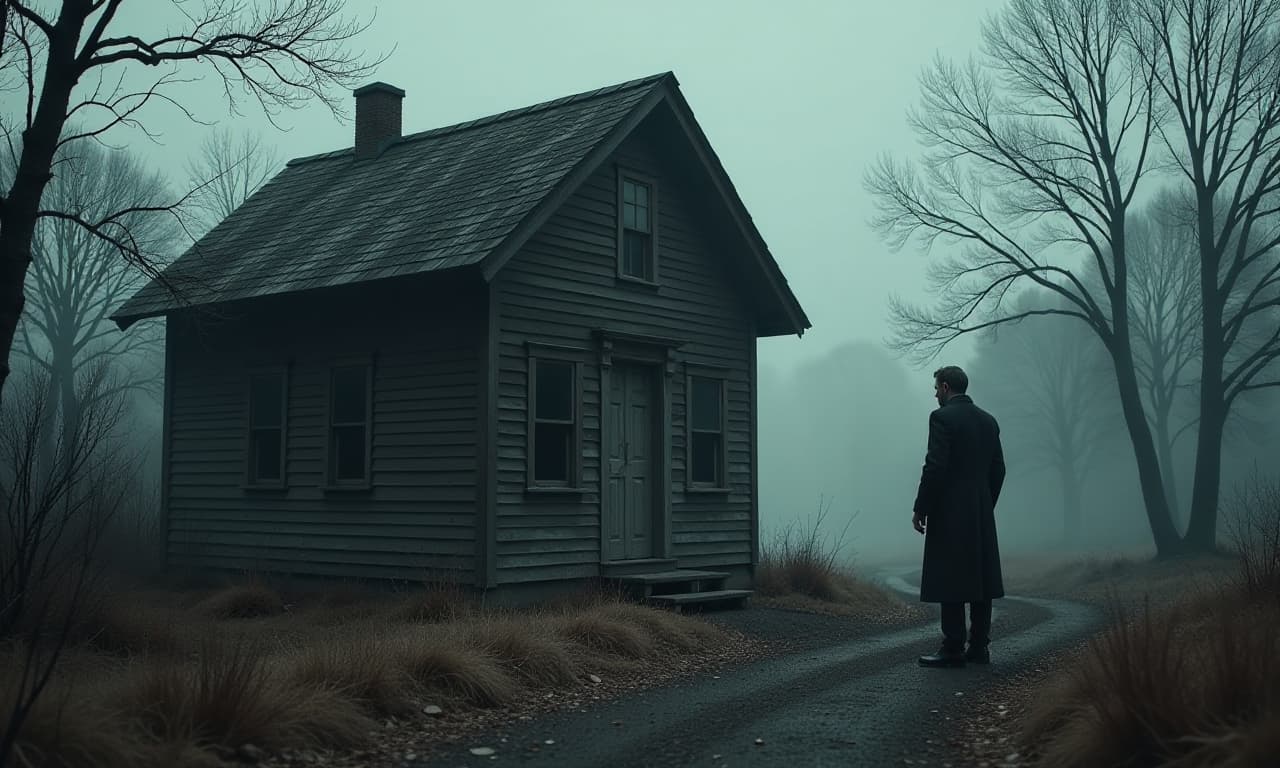  horror themed a stately man stands next to a small shrapnel abandoned wooden building . eerie, unsettling, dark, spooky, suspenseful, grim, highly detailed