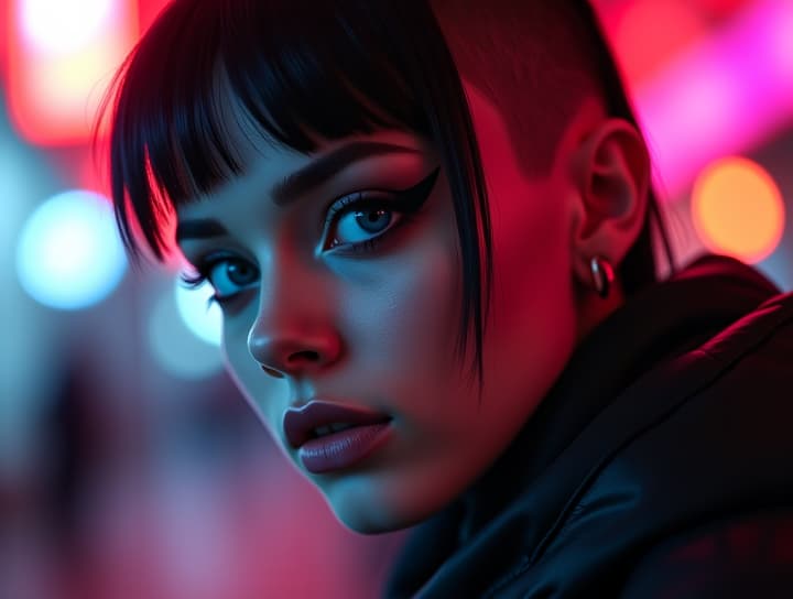  ultra realistic close up portrait ((beautiful pale cyberpunk female with heavy black eyeliner)), blue eyes, shaved side haircut, hyper detail, cinematic lighting, magic neon, dark red city, canon eos r3, nikon, f/1.4, iso 200, 1/160s, 8k, raw, unedited, symmetrical balance, in frame, 8k hyperrealistic, full body, detailed clothing, highly detailed, cinematic lighting, stunningly beautiful, intricate, sharp focus, f/1. 8, 85mm, (centered image composition), (professionally color graded), ((bright soft diffused light)), volumetric fog, trending on instagram, trending on tumblr, HDR 4K, 8K