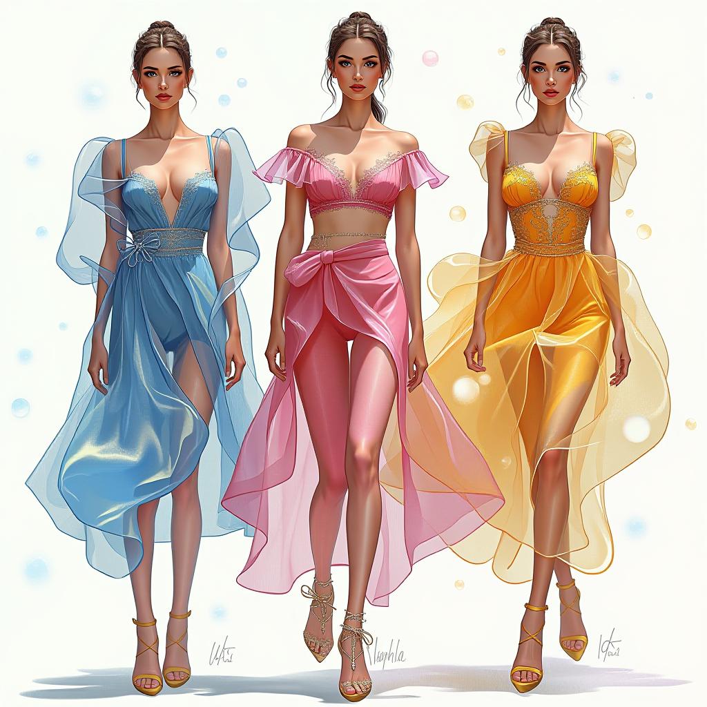  fashion illustrations, women wearing clothes inspired by soap bubbles, light, transparent, soft, in different positions as on a photo set, award winning, professional, highly detailed, masterpiece