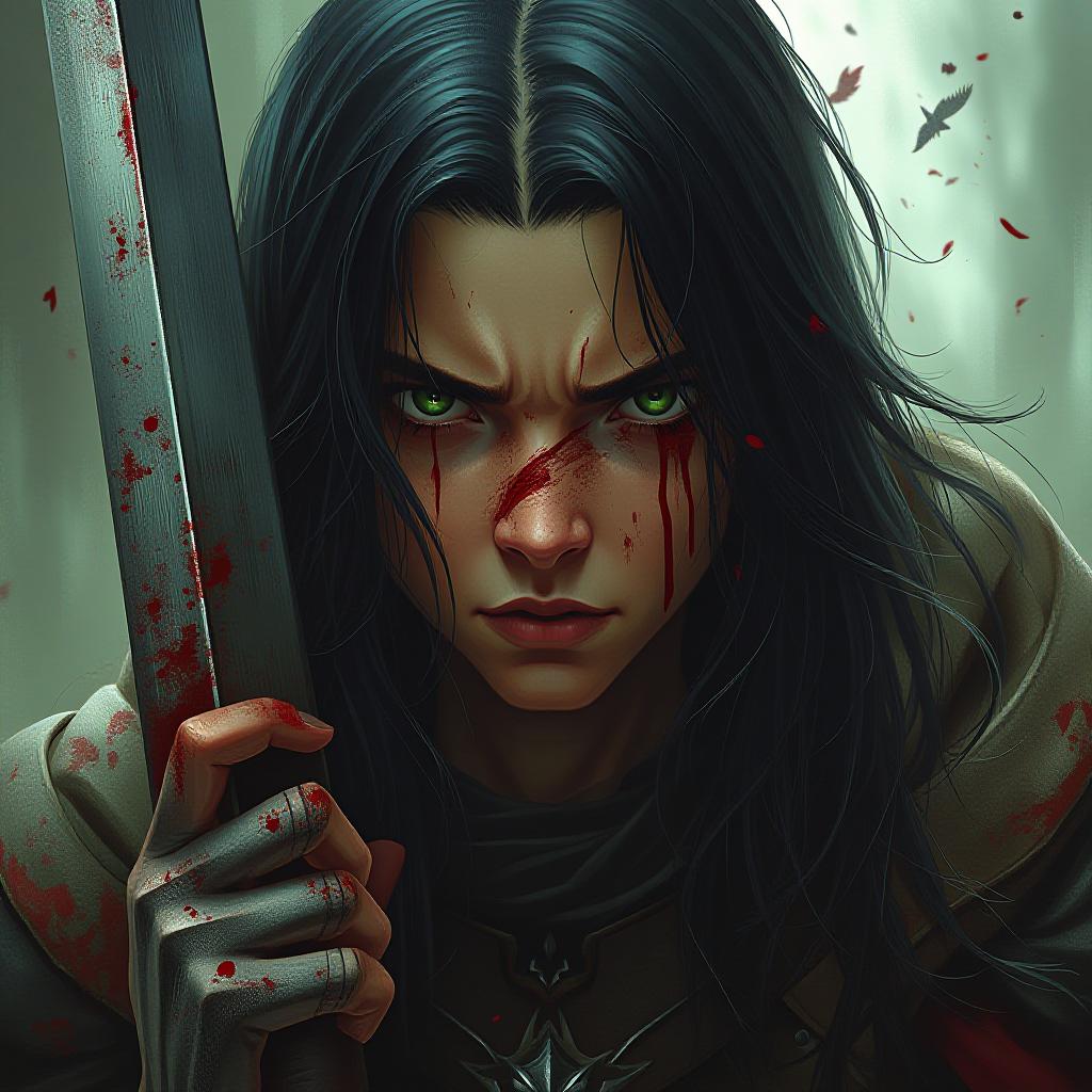  1 boy with long black hair and green eyes that can pierce someone’s soul is wearing a warrior custome has he’s covered in blood and feels like he’s not syringe enough, highly realized face and eyes, muscular body, tall, angry, sad, and disappointed at the same time, carrying a long yet heavy sword covered in blood, cut and scratches, bruises on hand and face, handsome yet a rough face photo realistic, highly intricate and detailed, masterpiece, ultra high res,photography,8k resolution