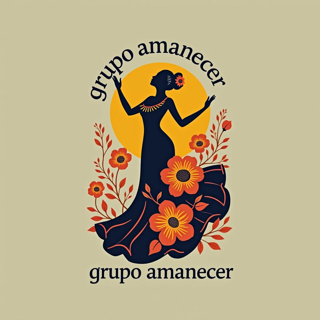  design a logo, una persona flamenca con abanicos mantones flores de sevilla , with the text 'grupo amanecer '.