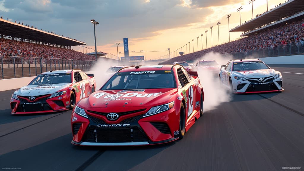  generate a dynamic image capturing the intensity of nascar cup series 2024 at phoenix raceway. show christopher bell celebrating his victory in a toyota amidst a sea of racing cars. include chevrolet logos symbolizing their streak ending. highlight the aero package changes with visible diffusers and spoilers creating movement on the track. incorporate a mix of tense and celebratory facial expressions on drivers. enhance the scene with vibrant colors, dramatic lighting, and detailed track element