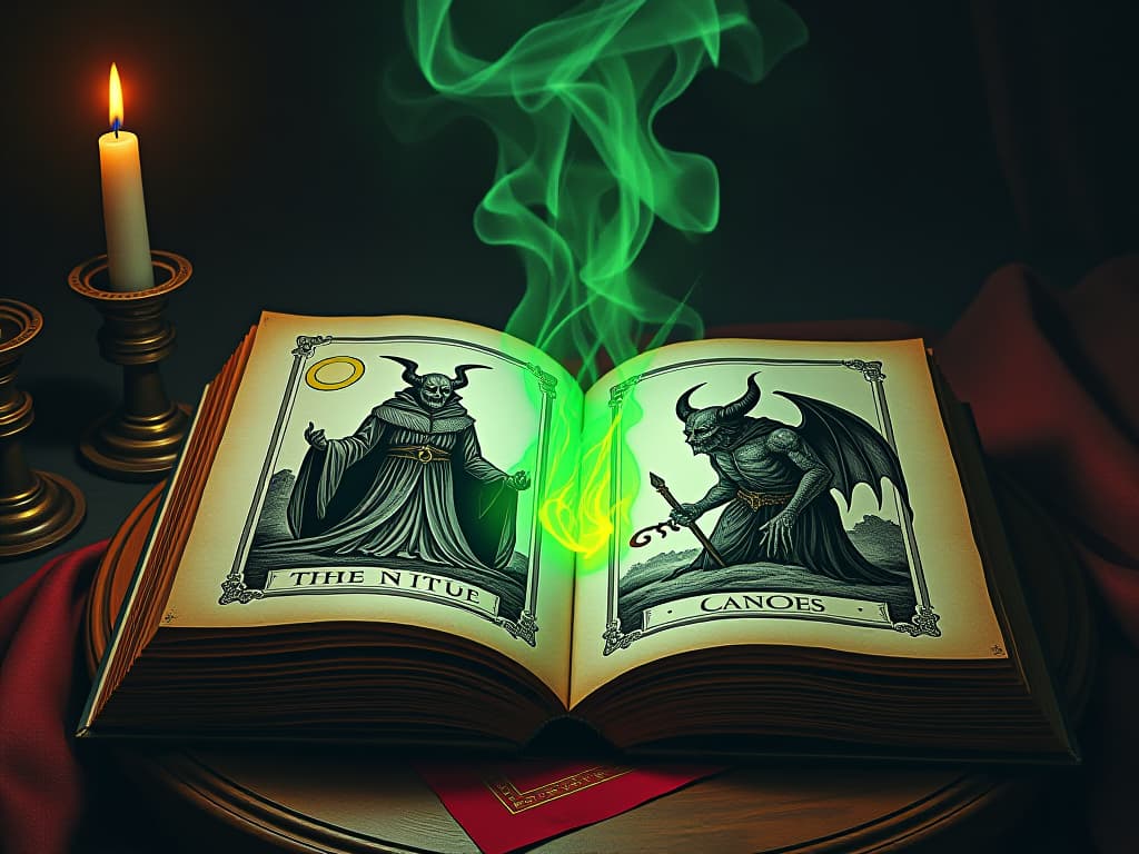  an ancient tome opened on an altar, dark ink sketches of demonic figures, eerie green light emanating from the pages, sense of malevolent influence, heavy tension. an illustration in the style of a worn, mystical old tarot trump card, mysterious and elements of surrealism. the colors are muted, somber and eerie, but with contrast bring out an occult and esoteric vibe.