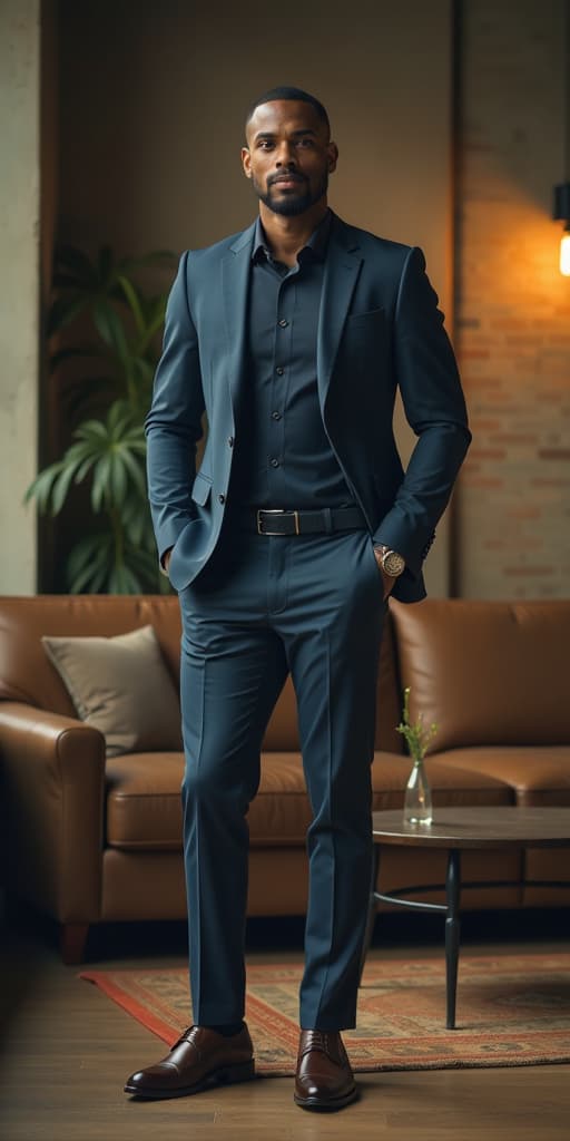  capture a stunningly beautiful, hyperrealistic 8k photograph of a slim, fit afrodescendant man in his 30s with an athletic build, styled in a tailored suit and trendy accessories like watches and polished shoes. set in an industrial style living room with exposed brick and metal elements, the scene uses a subdued color scheme with reduced saturation, highlighting intricate details and fractal patterns in the architecture and furnishings. the photograph, inspired by mario testino, features nocturnal lighting and a nostalgic vintage style, captured unedited on a polaroid sx70 to emphasize its raw, authentic quality.