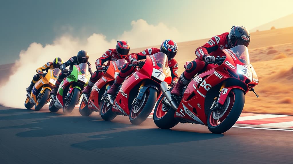  generate an image capturing the essence of motoe racing: a dramatic, ultra realistic scene featuring a diverse group of motorcyclists in action. show a detailed composition of riders navigating a challenging racecourse, embodying the human element in motorcycle racing. include brand logos of motoe prominently displayed on the motorcycles. use vibrant colors, dynamic lighting, and intricate details to convey the excitement and intensity of the sport. incorporate elements symbolizing innovation an