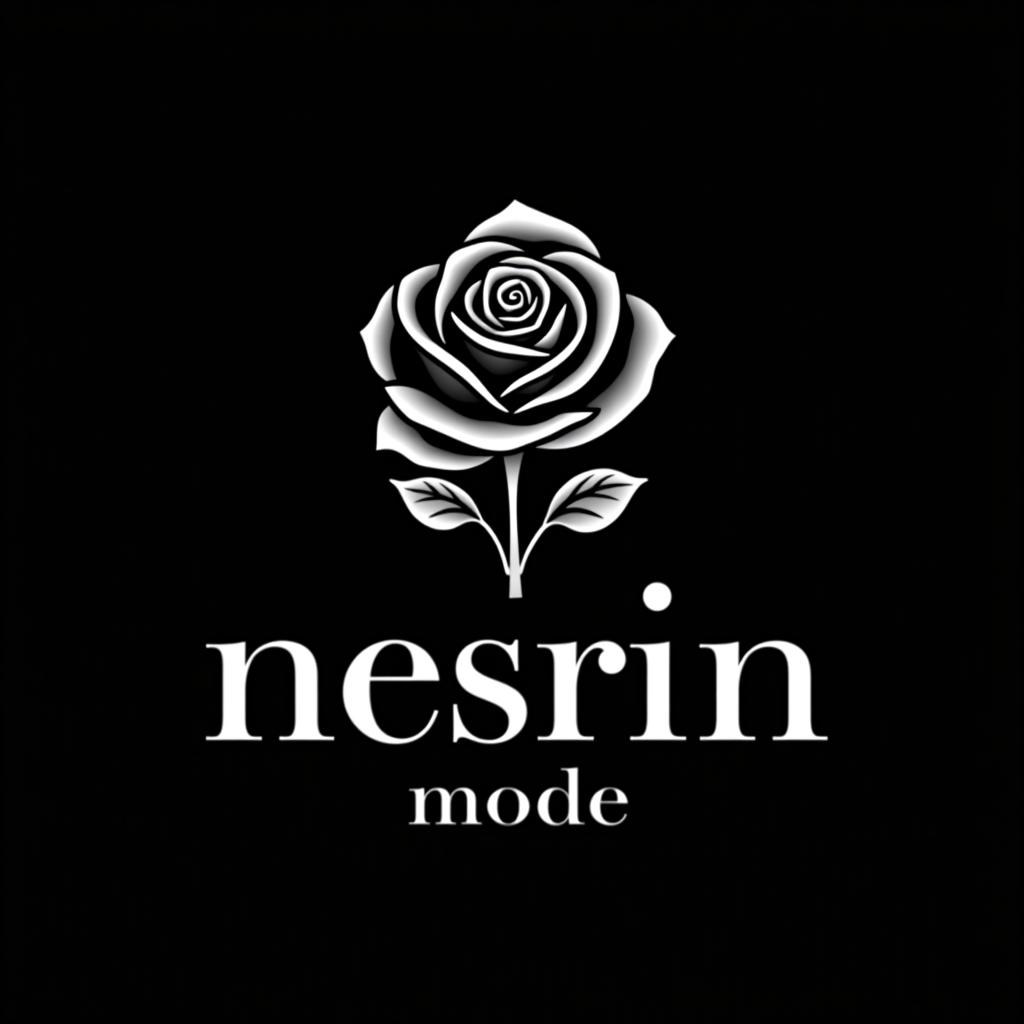  design a logo, erstelle mir ein logo für ein kleider laden elegant schwarz und weiss mit dem namen und eine rose über das bild , with the text 'nesrin mode '.