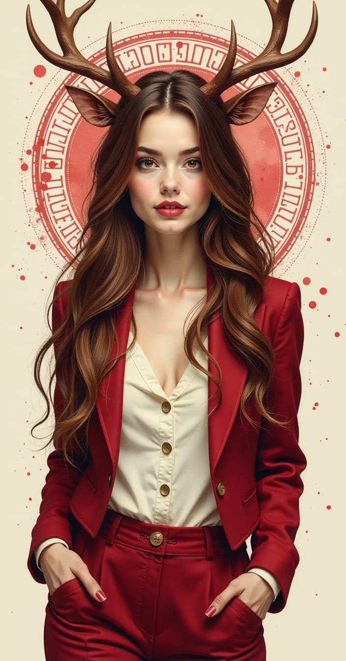  art nouveau style young woman, brown haired long silky hair, brightly expressed cheekbones, wide thick eyebrows, red eyes, upward nose, sensitive lips, crazy smile on the face, on the head of deer horns, slim figure, maroon jacket, white shirt, maroon pants, red splashes on the background, semi darkness, seduction, top of us, watercolor image, sci fi view . elegant, decorative, curvilinear forms, nature inspired, ornate, detailed