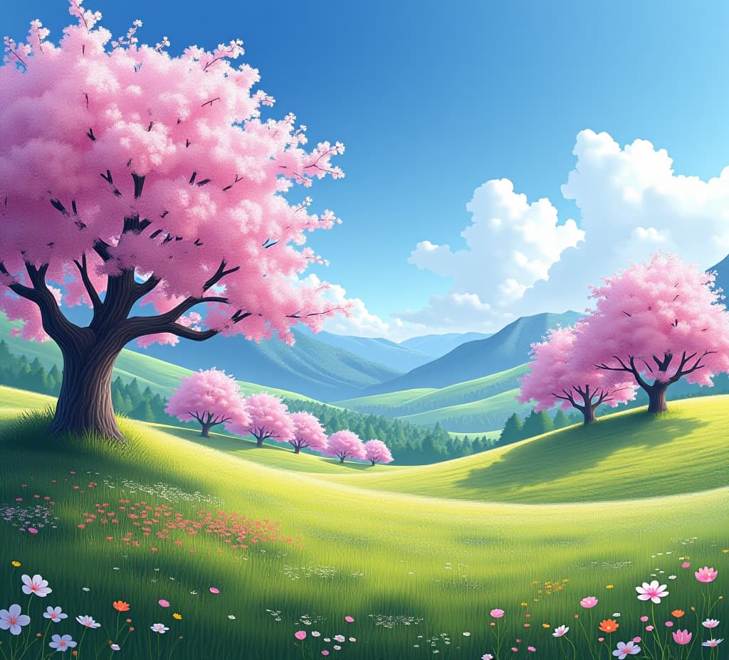  in the spring valley, cherry blossoms bloom, and colorful flowers complement each other with the blue sky