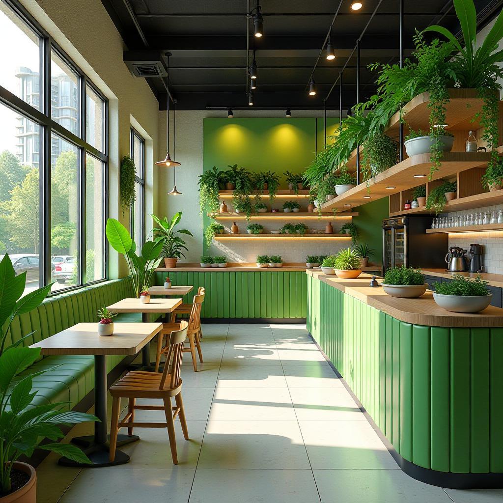  imagine a fast food vegan restaurant bustling with an abundance of plants. the space is designed with a modern and eco friendly style, featuring an open layout that integrates the dining and kitchen areas seamlessly. natural light floods the space, enhancing the vivid greens of the plants. the color palette centers on green (rgb: 0, 128, 0), accented with wood tones (rgb: 139, 69, 19) and white (rgb: 255, 255, 255), creating a fresh and inviting atmosphere. the mood is lively and health conscious, appealing to a trendy clientele.