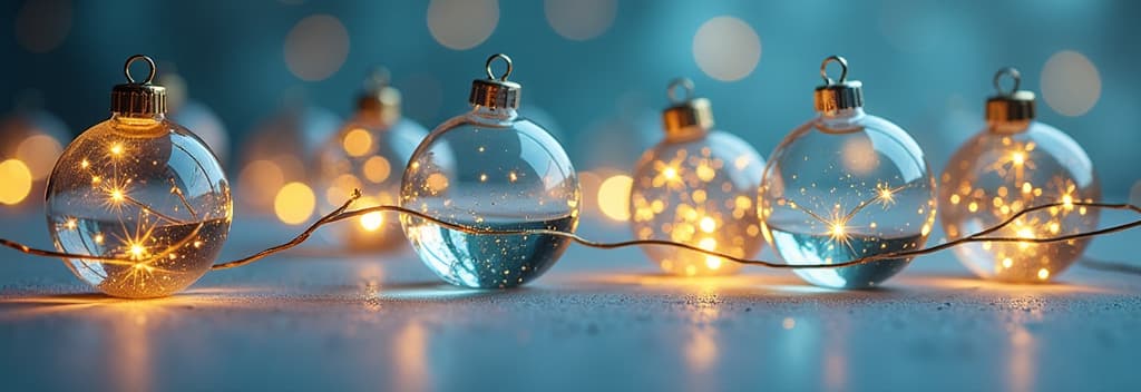  garland made from lot of glass transparent balls, inside the balls there are neon golden glowing lights, shape christmas tree without wood, festive blurred pastel blue background ar 3:1 {prompt}, maximum details