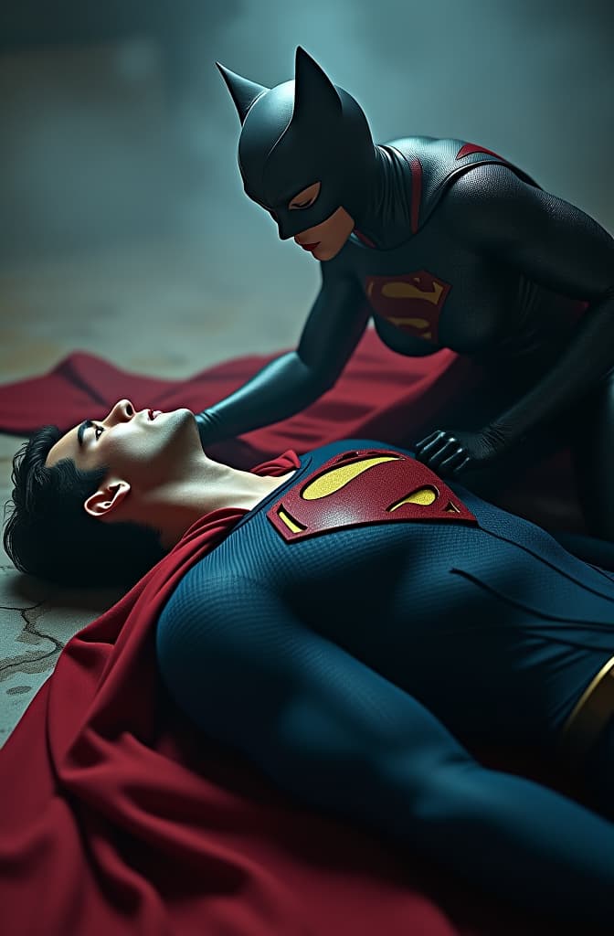  superman lying helpless, being beat up by a muscular catwoman hyperrealistic, full body, detailed clothing, highly detailed, cinematic lighting, stunningly beautiful, intricate, sharp focus, f/1. 8, 85mm, (centered image composition), (professionally color graded), ((bright soft diffused light)), volumetric fog, trending on instagram, trending on tumblr, HDR 4K, 8K