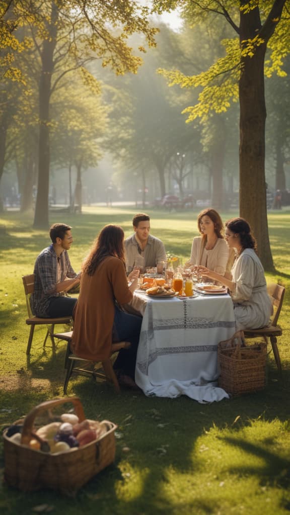 ((masterpiece)),(((best quality))), 8k, high detailed, ultra detailed, (A group of diverse people enjoying a picnic in a park), detailed expressions, best shadows, high contrast, best lighting, delicate and beautiful hyperrealistic, full body, detailed clothing, highly detailed, cinematic lighting, stunningly beautiful, intricate, sharp focus, f/1. 8, 85mm, (centered image composition), (professionally color graded), ((bright soft diffused light)), volumetric fog, trending on instagram, trending on tumblr, HDR 4K, 8K