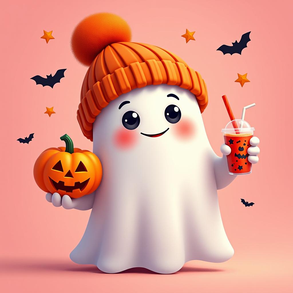  create a digital painting featuring a cute ghost character. the ghost should be wearing an orange knit beanie with a pom pom on top. in one hand, the ghost should hold a pumpkin with a carved face, and in the other hand, a halloween themed drink with a straw. the background should be pink and include small black bats and stars to add a playful halloween touch. the overall style should be cute, whimsical, and colorful hyperrealistic, full body, detailed clothing, highly detailed, cinematic lighting, stunningly beautiful, intricate, sharp focus, f/1. 8, 85mm, (centered image composition), (professionally color graded), ((bright soft diffused light)), volumetric fog, trending on instagram, trending on tumblr, HDR 4K, 8K