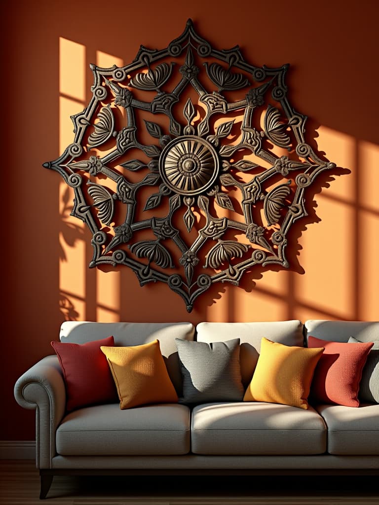  high quality portrait photo of a living room corner featuring a large, ornate moroccan style metal wall sculpture casting intricate shadows on a warm terracotta wall hyperrealistic, full body, detailed clothing, highly detailed, cinematic lighting, stunningly beautiful, intricate, sharp focus, f/1. 8, 85mm, (centered image composition), (professionally color graded), ((bright soft diffused light)), volumetric fog, trending on instagram, trending on tumblr, HDR 4K, 8K