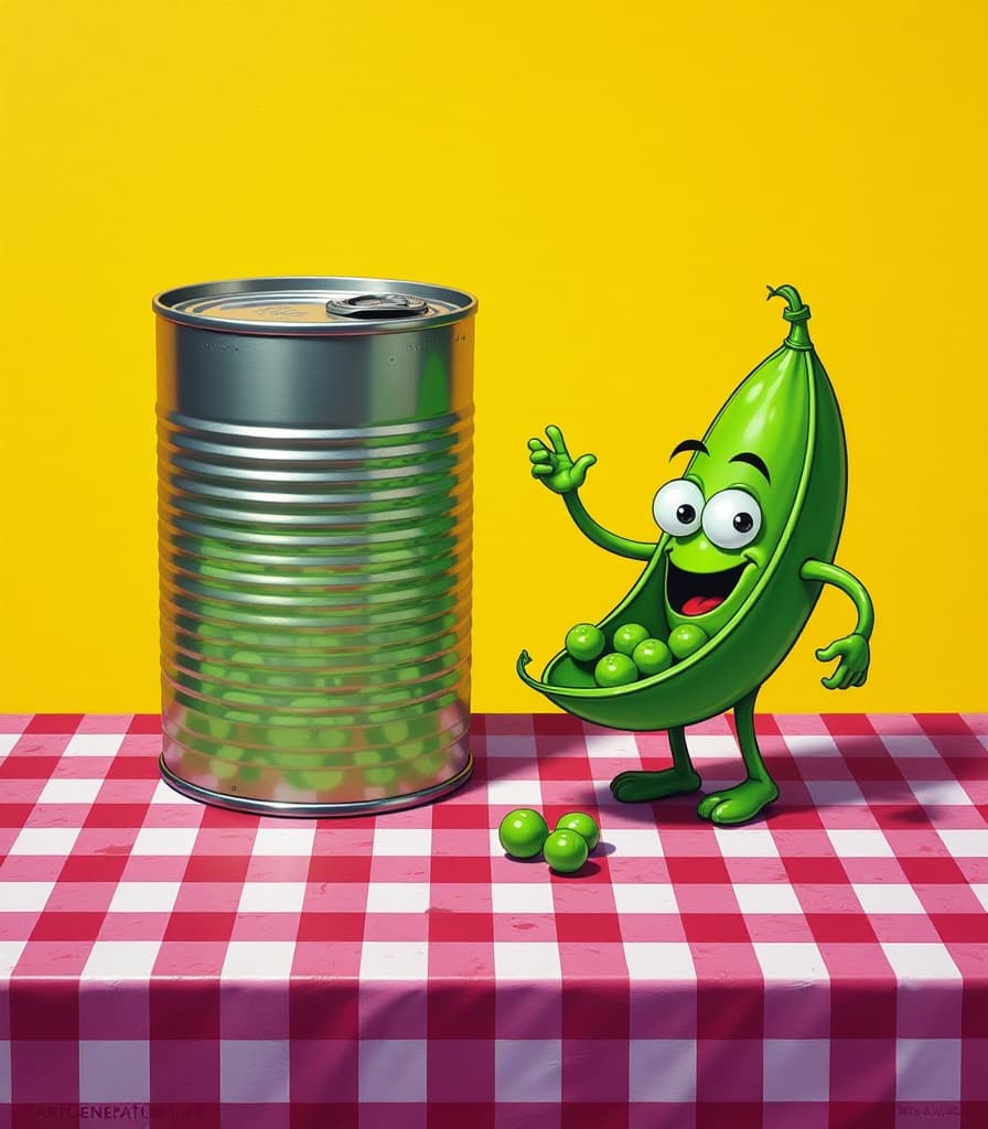  concept art a masterpiece. painting. oil painting. (( on a yellow background. home made preparations for the winter, on the table, covered with a checkered tablecloth red and white, is a rolled up can of green peas with a lid:1.5). ( next to the can is a green pea pod with eyes, smiling, with legs and with handles. cartoon style. comics:1.5) intense close up. neon large purple inscription at bottom of image (“artgeneration.me”:1.5). intense close up:1.5)). hyperrealism style. high detail. high quality. high resolution. . digital artwork, illustrative, painterly, matte painting, highly detailed