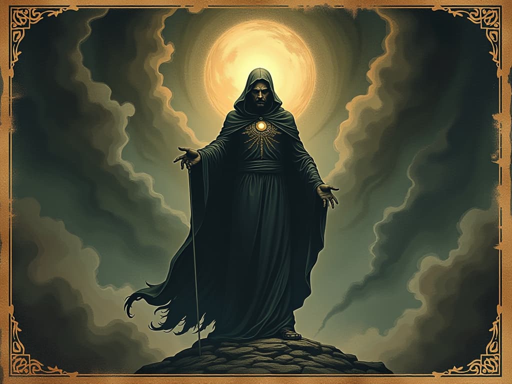  a strong, composed figure standing tall amidst swirling shadows, piercing gaze, unyielding stance, radiant aura, steadfast, resolute. an illustration in the style of a worn, mystical old tarot trump card, mysterious and elements of surrealism. the colors are muted, somber and eerie, but with contrast bring out an occult and esoteric vibe.