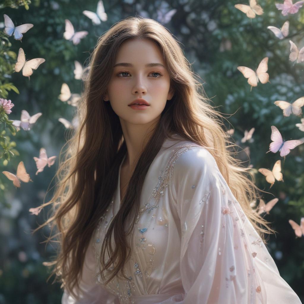 ((masterpiece)),(((best quality))), 8k, high detailed, ultra detailed, A girl reminiscent of Haruhiko Mikimoto's art, flowing long hair, (ethereal glow around her), (butterflies fluttering around her), (dreamy pastel color palette) hyperrealistic, full body, detailed clothing, highly detailed, cinematic lighting, stunningly beautiful, intricate, sharp focus, f/1. 8, 85mm, (centered image composition), (professionally color graded), ((bright soft diffused light)), volumetric fog, trending on instagram, trending on tumblr, HDR 4K, 8K