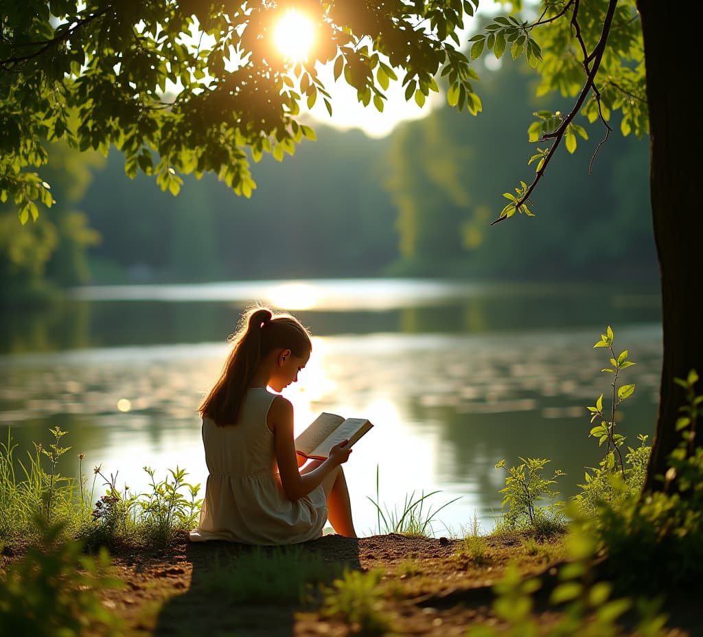  the girl sat by the lake and read quietly. the sun shone on her through the leaves, and the scenery was peaceful and beautiful