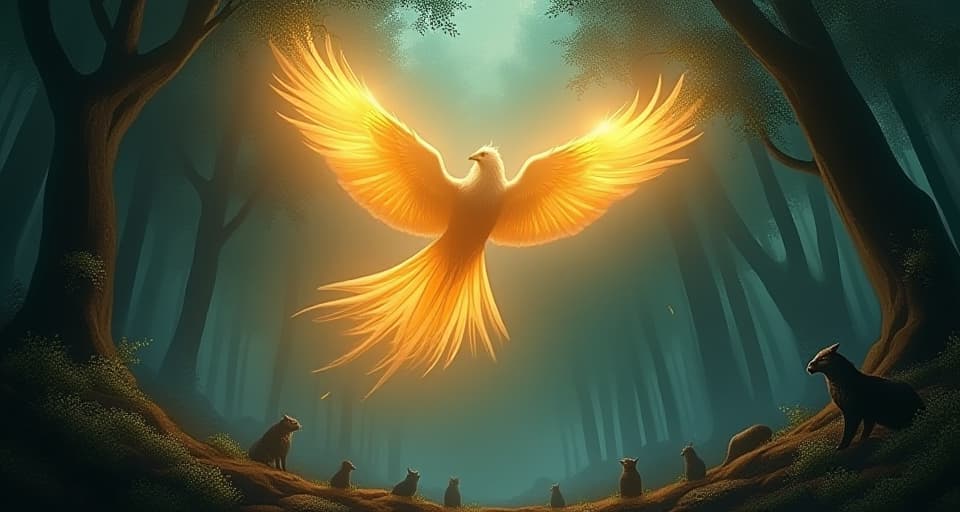  ethereal phoenix soaring over a darkened mystical forest. its radiant, glowing feathers brighten the surroundings, creatures below beginning to acknowledge the light, atmosphere of growing understanding.. the style is digital art illustration,highly detailed, whimsical,magical, dreamlike atmosphere, realism and fantasy blend, smooth, glossy textures,luminous quality, wonder and enchantment.