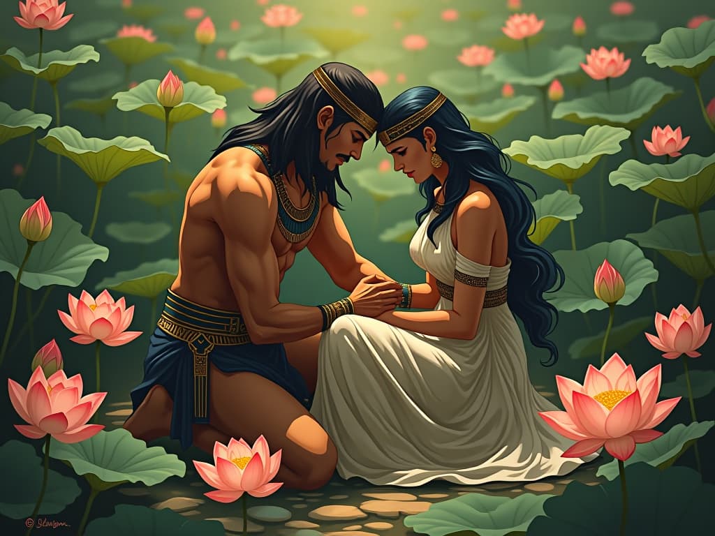  an egyptian warrior, muscular, kneeling in a garden of lotus flowers, being comforted by a large busted goddess in a flowing, sheer gown, symbolizing comforting a friend in distress. the style is digital art illustration / modern comic book / mysterious occult, symbolic, esoteric vibe,high detail on character design, incorporating ancient egyptian symbology and attire.