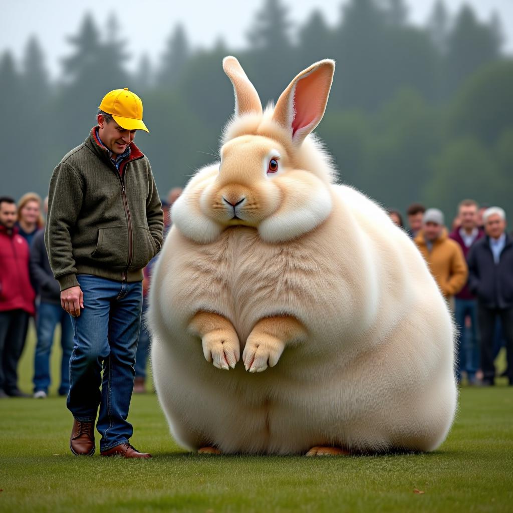  a photography of a gigantic fluffy rabbit for the book of records | a farmer is near the rabbit showing size difference | striking, professional photography, a crowd admiring