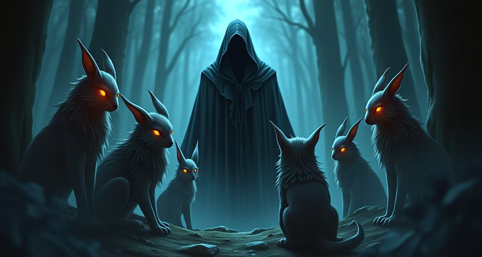  a group of mystical beings gathered in a dimly lit forest, their eyes filled with apprehension as they cast sideways glances at a mysterious, hooded figure exuding an aura of dark, intense energy.. the style is digital art illustration,highly detailed, whimsical,magical, dreamlike atmosphere, realism and fantasy blend, smooth, glossy textures,luminous quality, wonder and enchantment.