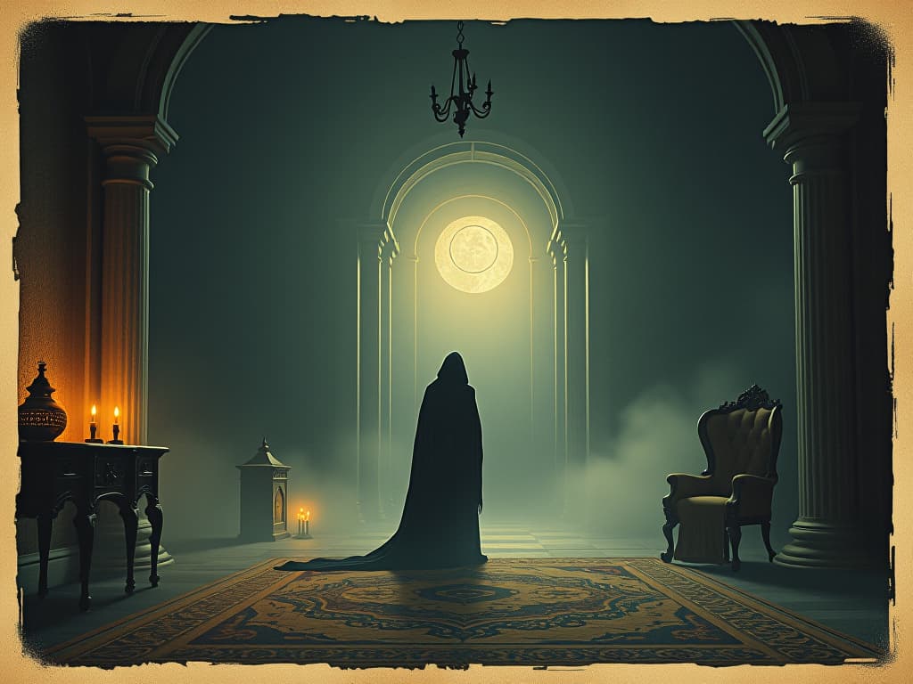  fog filled room, ancient artifacts emitting eerie glow, disturbed tranquility, unsettling dusk, sense of unease. an illustration in the style of a worn, mystical old tarot trump card, mysterious and elements of surrealism. the colors are muted, somber and eerie, but with contrast bring out an occult and esoteric vibe.