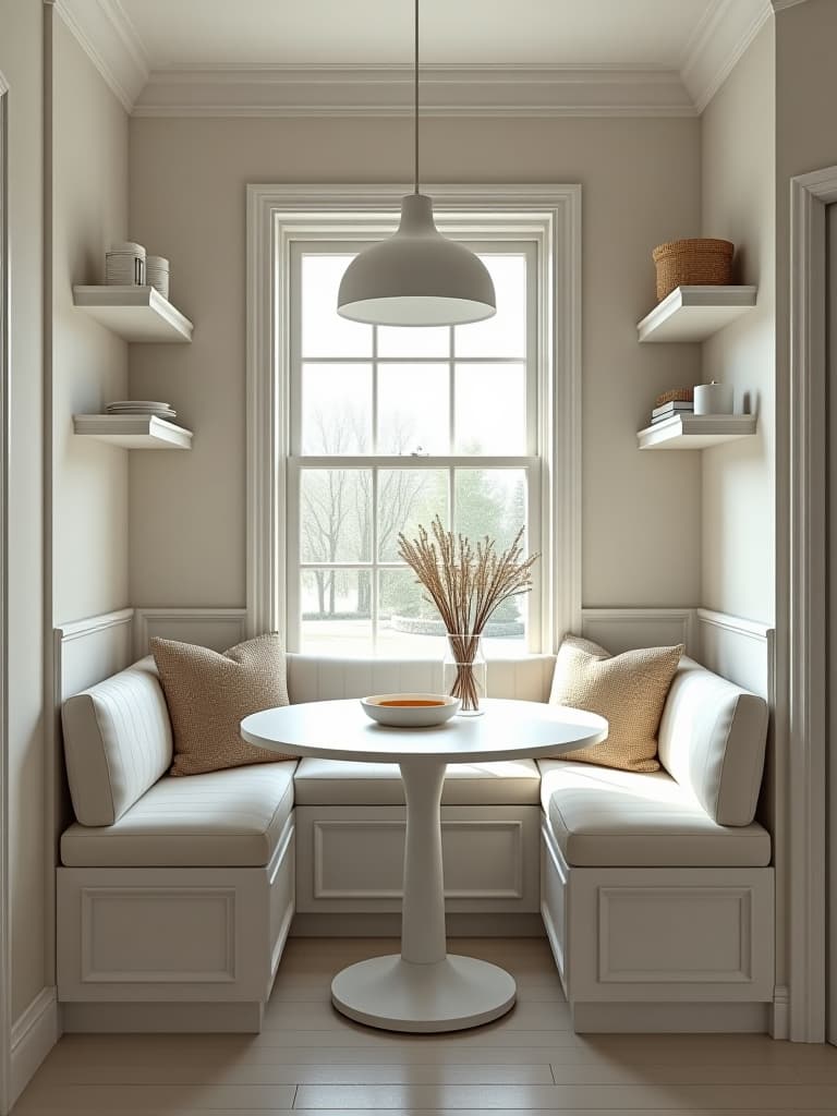  high quality portrait photo of a cozy white kitchen nook with a built in bench, floating shelves, and a round table, captured from a slightly elevated angle hyperrealistic, full body, detailed clothing, highly detailed, cinematic lighting, stunningly beautiful, intricate, sharp focus, f/1. 8, 85mm, (centered image composition), (professionally color graded), ((bright soft diffused light)), volumetric fog, trending on instagram, trending on tumblr, HDR 4K, 8K