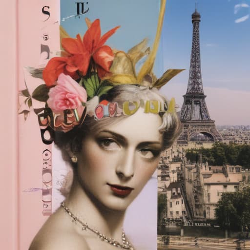 Book cover of book entitled LUDOVIC (in a vogue type font at top of page) a romance novel cult book cover aesthetic, with a collage below the title LUDOVIC featuring : a bacchanalia head, a champagne glass, keith baring flower head drawing, and an Eiffel Tower in Mythological style with City background